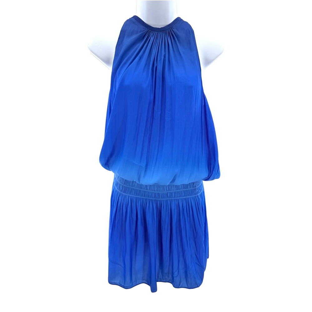 Ramy Brook Paris Sleeveless Mini Dress L Large Blue Smocked Blouson High‎ Neck